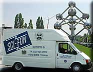The SCI-FUN van in front of the Atomium, in Brussels
